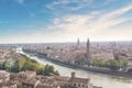 Beautiful view of the panorama of Verona and the Lamberti tower on the banks of the Adige River in Verona, Italy Royalty Free Stock Photo