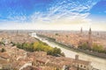 Beautiful view of the panorama of Verona and the Lamberti tower on the banks of the Adige River in Verona, Italy Royalty Free Stock Photo