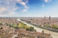 Beautiful view of the panorama of Verona and the Lamberti tower on the banks of the Adige River in Verona, Italy Royalty Free Stock Photo