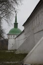 The beautiful view of the part of wall and old monastery tower.