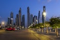 Beautiful view of pedestrian walkway in district Dubai Marina in evening night illuminations Royalty Free Stock Photo