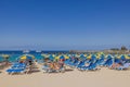 Beautiful view of people on sandy beach on sunny summer day. Gran Canary. Spain