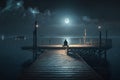 A beautiful view a person sitting on the pier looking at the moonlight , AI Generated