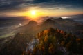 A beautiful view of the Pieniny Mountains from the top of Three Crowns peak at sunset. Poland Royalty Free Stock Photo