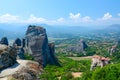 Beautiful view from plateau to Thessaly Valley and complex of Orthodox monasteries, Meteora, Greece Royalty Free Stock Photo