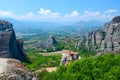 Beautiful view from plateau to Thessaly Valley with grandiose rocks and Orthodox monasteries, Meteora, Royalty Free Stock Photo