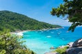 Beautiful view point with blue sky and clouds, blue sea and white sand beach with boat on Similan island Royalty Free Stock Photo