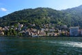 Beautiful view point from Como quay on lake, city and mountain, sunny day, Como, Italy, summer 2016 Royalty Free Stock Photo