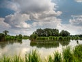 beautiful view of the pond against the backdrop of white clouds Royalty Free Stock Photo