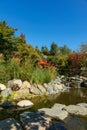 Beautiful view of pond with cascading waterfall and red bridge in Japanese garden. Public landscape park of Krasnodar or Galitsky Royalty Free Stock Photo