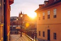 Beautiful view of Prague Castle at sunset from a historical street with gas lamps over the river Vltava. Prague, Czechia. Famous Royalty Free Stock Photo