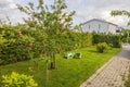 Beautiful view of private garden with lawn freshly cut with electric lawn mower, apple trees and flowers. Royalty Free Stock Photo