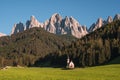 Beautiful view of the Puez Odle National Park and the church in a sunny day of summer, Dolomites, Italy Royalty Free Stock Photo