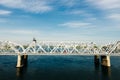 Beautiful view on Railway Bridge over the River Yenisei in Krasnoyarsk krai, Russia Royalty Free Stock Photo