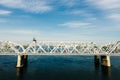 Beautiful view on Railway Bridge over the River Yenisei in Krasnoyarsk krai, Russia. Royalty Free Stock Photo