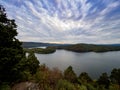 Beautiful view of Raystown Lake in Pennsylvania from HawnÃ¢â¬â¢s Overlook in the fall with the water still and the sky filled with