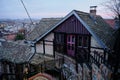 Beautiful view of the red tiled roofs of houses in the old town of Zemun, Belgrade Serbia. An old cozy house with a pink