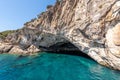 Beautiful view of the remarkable Papanikolis Sea Cave with a blue sky in the background