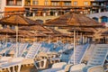 Beautiful view of a resort beach with sunshades Royalty Free Stock Photo