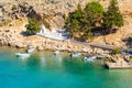 Amazing view on coast in Lindos in Rhodes island, Greece Royalty Free Stock Photo