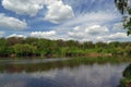 Beautiful view of the river, forest, blue sky with white clouds Royalty Free Stock Photo