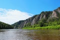 Beautiful view of the river among the mountains in the summer on a sunny southern Urals, Russia. Water tourism, rafting on the