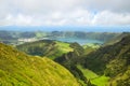 Beautiful view of the road to background volcanic lakes and forest. Azores, Sao Miguel, Portugal