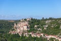 Beautiful view of the Rocamadour castle and medieval village at the foot of the mountain. Lot, Occitania, Southwestern France