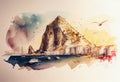 Beautiful view of the Rock of Gibraltar, watercolor sketches. Generative AI.