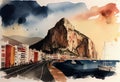 Beautiful view of the Rock of Gibraltar, watercolor sketches. Generative AI.