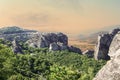Beautiful view of rocks, mauntain and greek valley with village before storm. Meteora, Greece