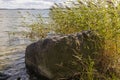 Beautiful view of rocky coast and waves Baltic sea near big rock. Beautiful nature landscape backgrounds. Sweden,