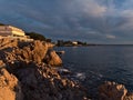 Beautiful view of the rocky mediterranean coast of Antibes, French Riviera, France at the Bay of Billionaires.