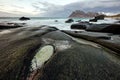 Beautiful view from a rocky seashore in Lofotens, Norway