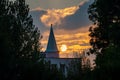 Beautiful view of a roof of a monastery at sunset