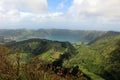 Beautiful view of the round lake Santiago and blue lake & x28;Lagoa Azul& x29; in the vicinity of the vicinity of Sete Cidades Royalty Free Stock Photo
