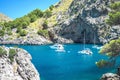 Beautiful view of Sa Calobra on Mallorca Island, Spain. Beautiful view on on sailing boats yachts on destination Sa Calobra