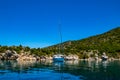 Beautiful view of a sailboat anchored in Peristera island near the famous Shipwreck of Peristera, Alonissos, Greece