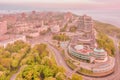 Beautiful view of the Salut Hotel at dawn shrouded in thick fog, on Glory Square, Kiev city, Ukraine, aerial view