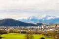 Beautiful view of Salzburg and Alps from Maria Plain in Berghein bei Salzburg, Austria