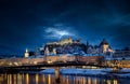 Beautiful view of Salzburg skyline with Festung Hohensalzburg and Salzach river at blue hour, Salzburger Land, Austria Royalty Free Stock Photo