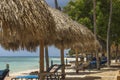 Beautiful view of sandy beach of Atlantic Ocean with sun loungers and parasols. Royalty Free Stock Photo