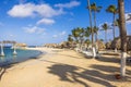 Beautiful view of sandy Mangrove Beach in the Caribbean Sea, with umbrellas and lounge chairs. Royalty Free Stock Photo