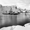 Beautiful view of scenic lofoten Island archipelago winter scenery with traditional fisherman Rorbuer cabins. Christmas time