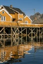 Beautiful view of scenic Lofoten Islands archipelago winter scenery with traditional yellow fisherman Rorbuer cabins in the Royalty Free Stock Photo