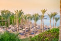 Beautiful view of the sea beach with palm trees and sun umbrellas. Tropical coastline landscape of a luxury five star hotel. The