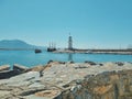 beautiful view of sea, lighthouse and mountains. Alanya Turkey.soft focus. Royalty Free Stock Photo