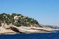 Beautiful view of the sea with mountain rocks with trees and beautiful villas houses in Provence, Marseille. Royalty Free Stock Photo