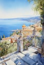 Beautiful view of the sea and mountains from the terrace. Mediterranean summer landscape. Seaview, cityscape. Watercolor