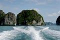 Beautiful view from the sea to the rock island covered in vegetation in Vietnam. Royalty Free Stock Photo